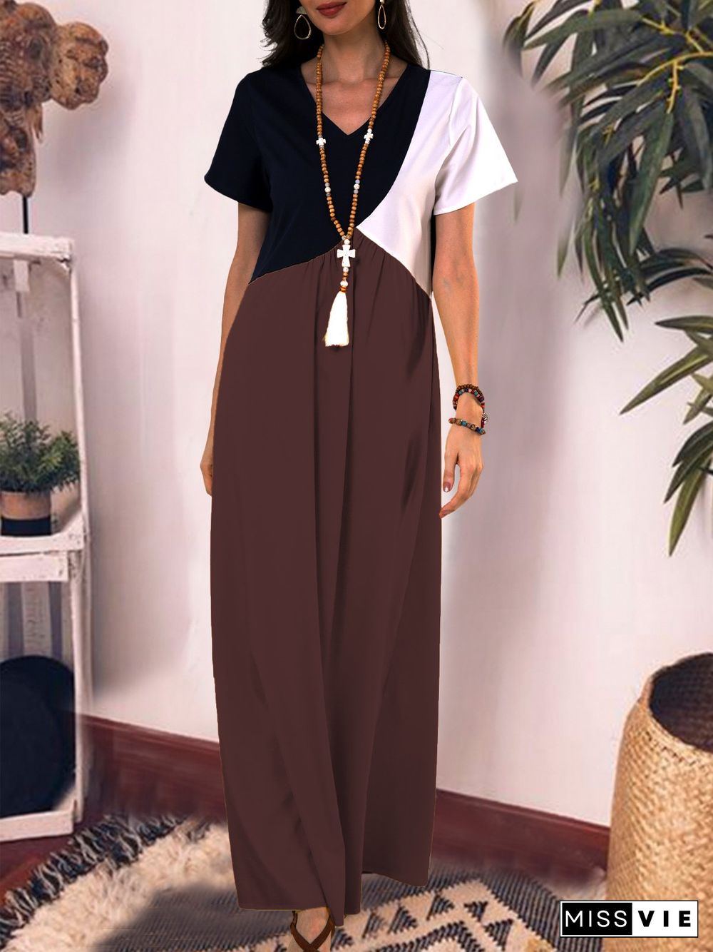 Women Casual Solid Color Cotton V Neck Plus Size Maxi Dresses