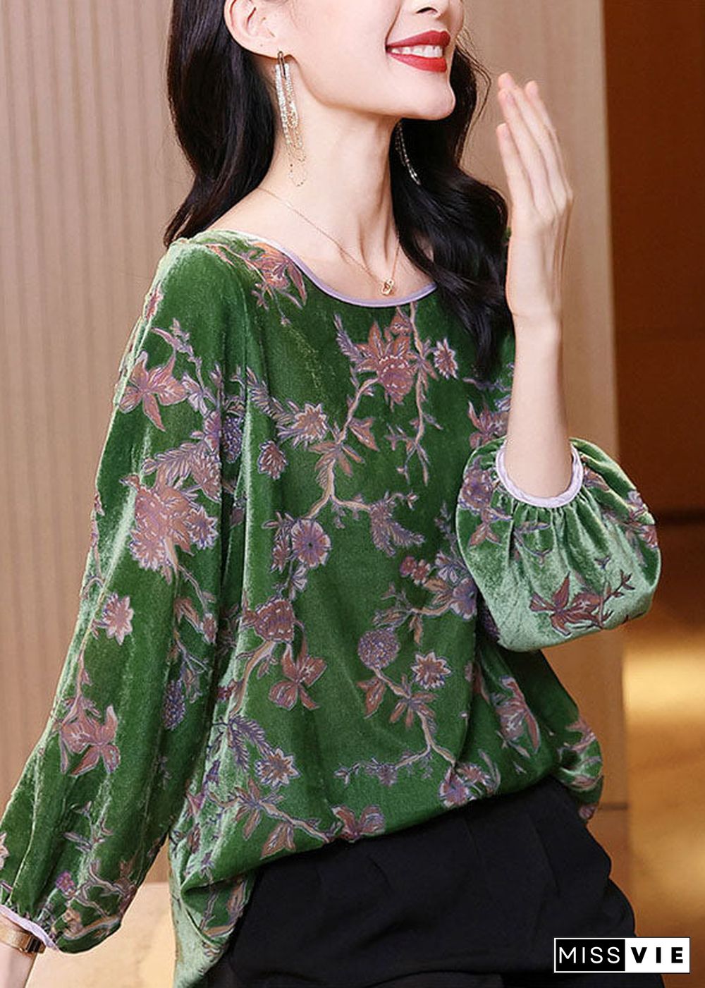 Modern Green O-Neck Patchwork Velour Shirt Top Spring