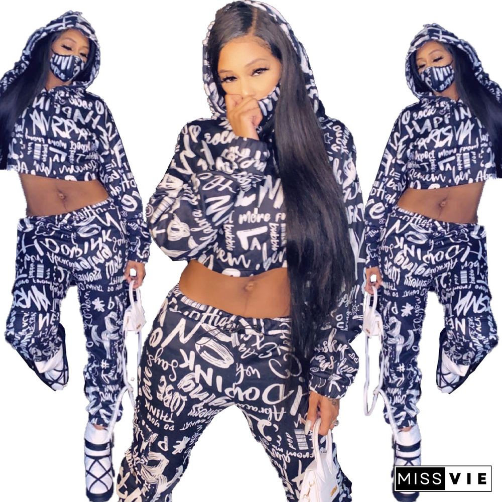 Letter Printed Hooded Sweatshirt Crop Top Pants Set