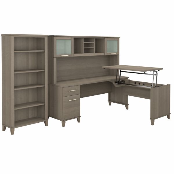 Bush Furniture Somerset 72W 3 Position Sit to Stand L Shaped Desk with Hutch and Bookcase in Ash Gray