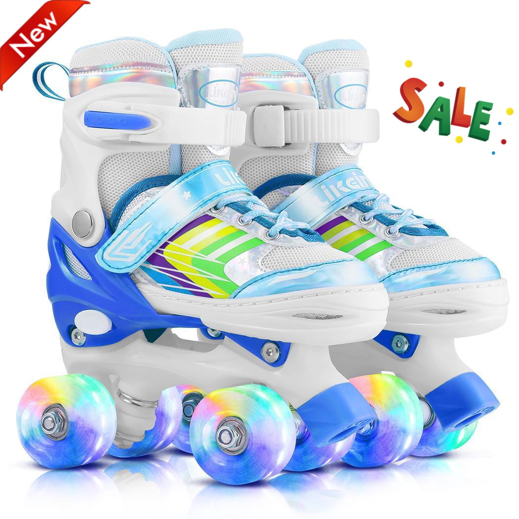 4 Size Adjustable Kids Roller Skates， Double Row Skates with Light up Wheels， for Boys， Girls， Beginners， Blue