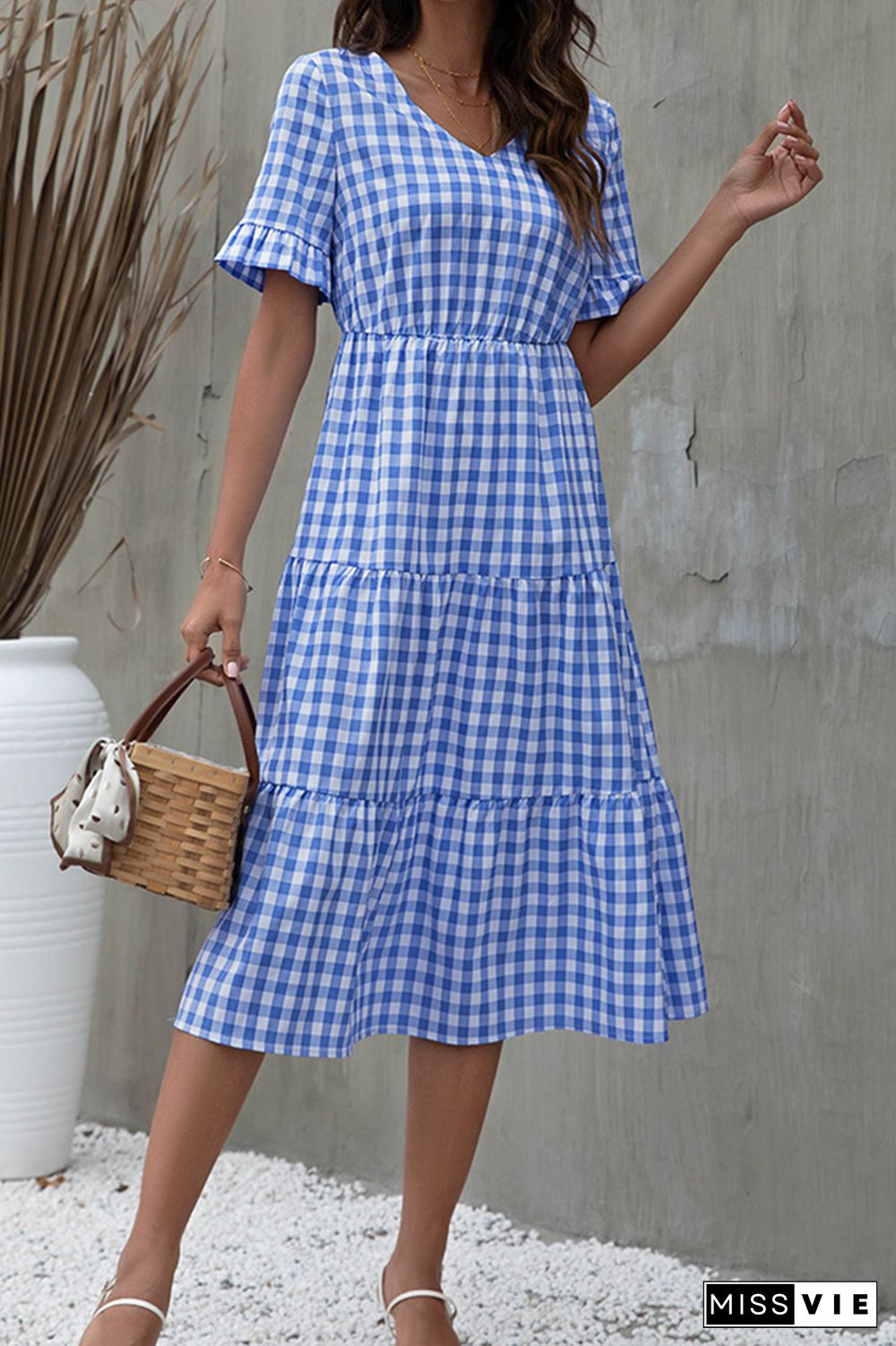 Plaid Print Short Sleeve Midi Dress Wholesale