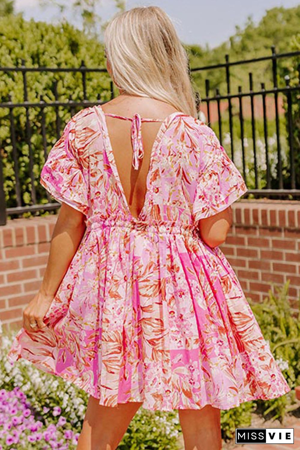 Pink Tie Knot Open Back V Neck Floral Dress