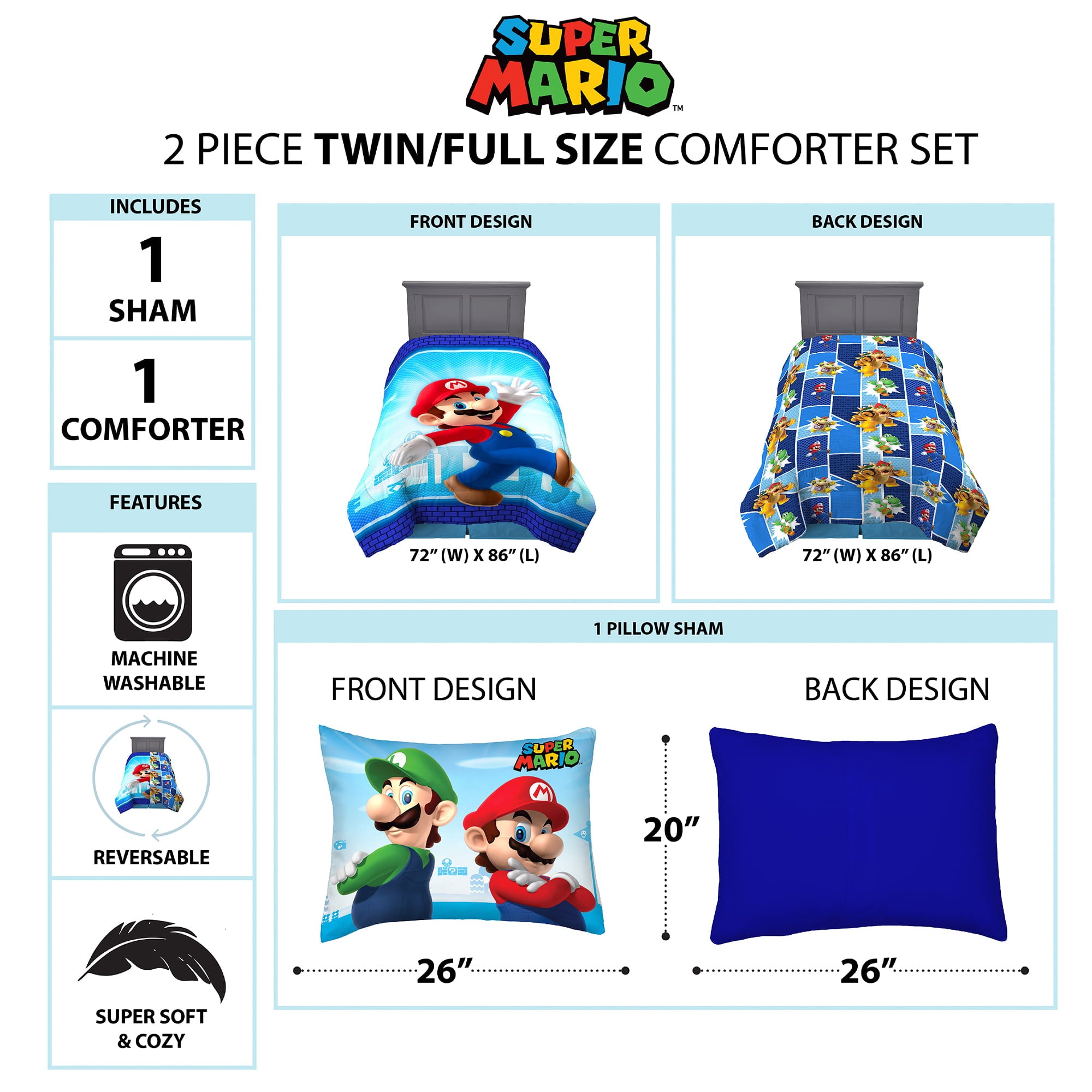 Super Mario Kids Twin Comforter and Sham， 2-Piece Set， Gaming Bedding， Reversible， Blue