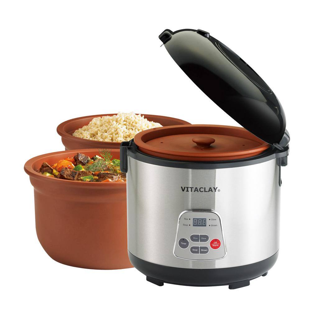 VITACLAY 8 Cup4 qt. 2-in-1 Stainless Steel Rice N' Slow Cooker in Clay Pot VF7700-8