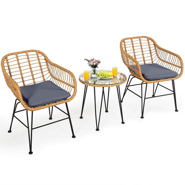 Costway 3PCS Patio Rattan Bistro Furniture Set Cushioned Chair Table