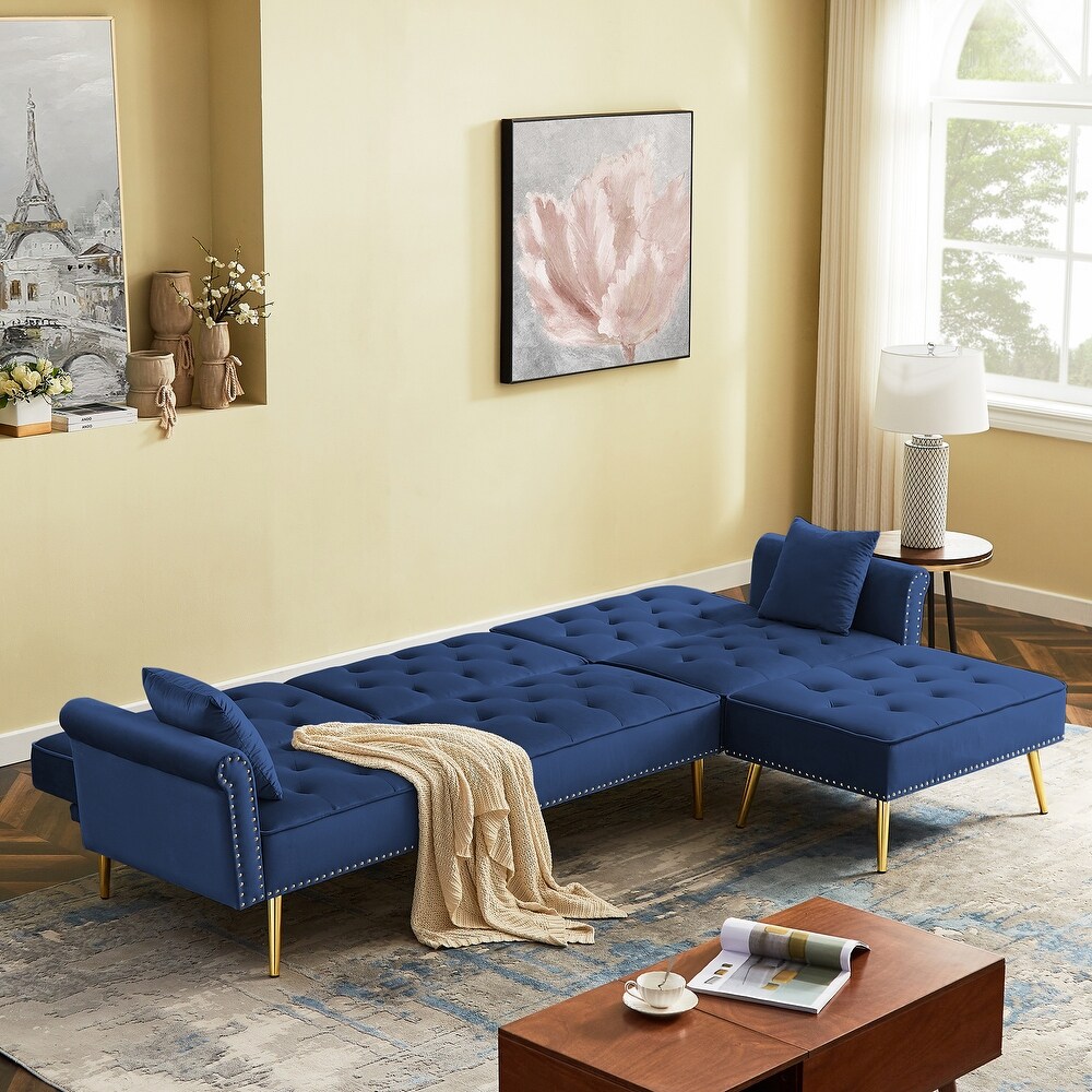 Modern Velvet Upholstered Reversible Sectional Futon Sofa Bed