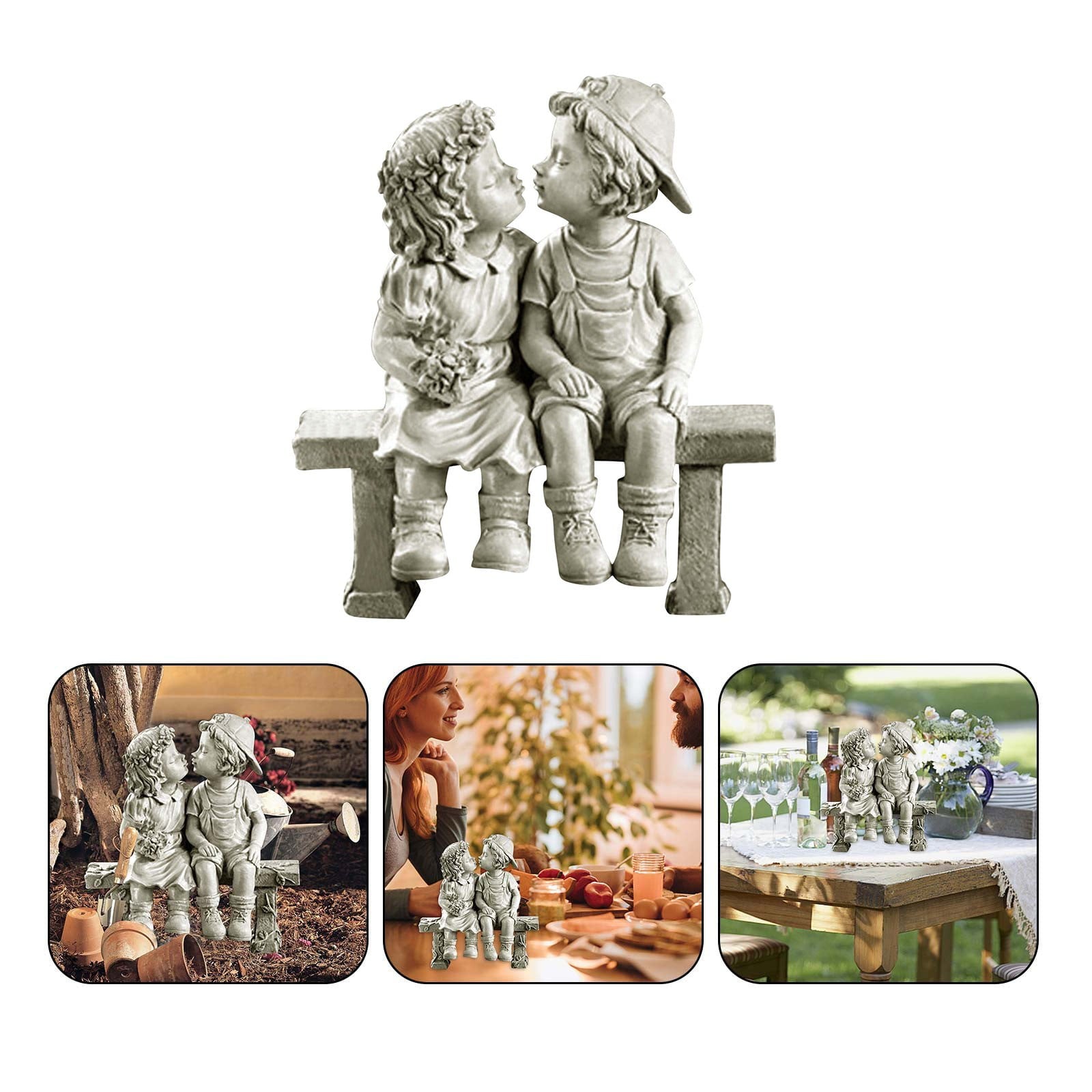 Cieken Stone Effect Kissing Kids Garden Statue Outdoor Decor Boy Girl Ornament Bench