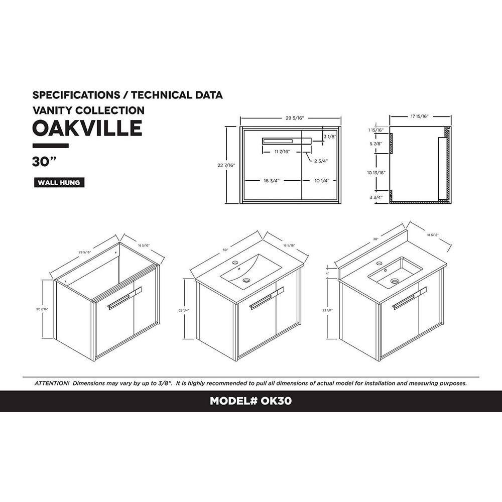 FINE FIXTURES Oakville 30 in. W x 18 in. D x 23.25 in. H Wall Mounted Bathroom Vanity in Black Coal Oak with White Ceramic Sink Top OK30BC-SB-WH