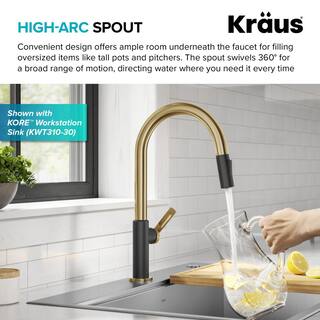 KRAUS Oletto Single Handle Pull-Down Kitchen Faucet in Brushed BrassMatte Black KPF-2820BBMB