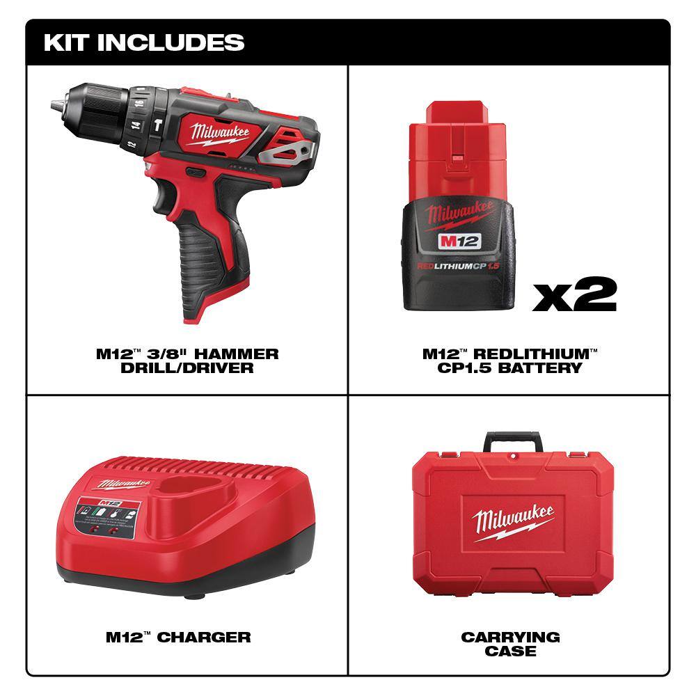 MW M12 12V Lithium-Ion Cordless 38 in. Hammer DrillDriver Kit with Two 1.5 Ah Batteries and Hard Case 2408-22