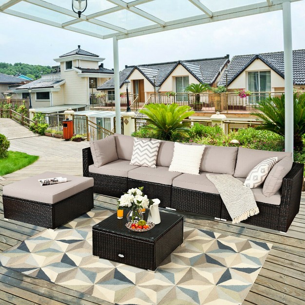 Costway 6pcs Outdoor Patio Rattan Furniture Set Cushioned Sectional Sofa Table Ottoman