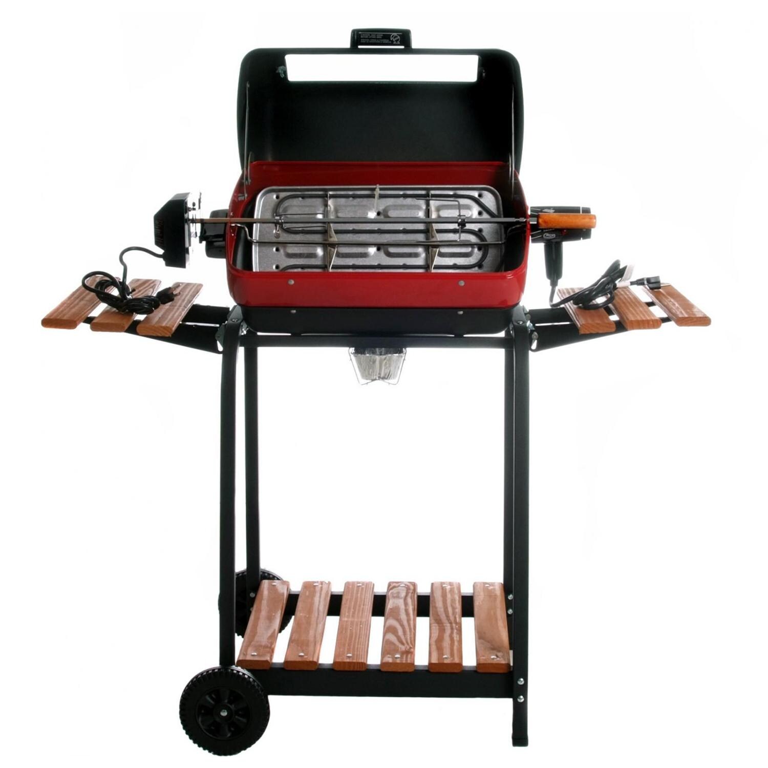 Americana by Meco 1500 Watt Electric Grill With Rotisserie， Easy View Window And Fold Down Side Tables