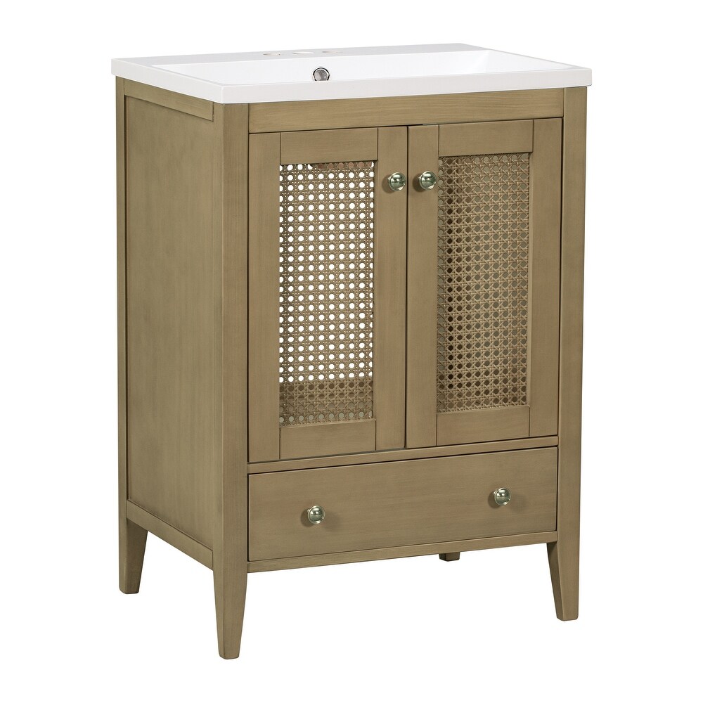 Bathroom Vanity with Ceramic Basin Rattan Bathroom Storage Cabinet