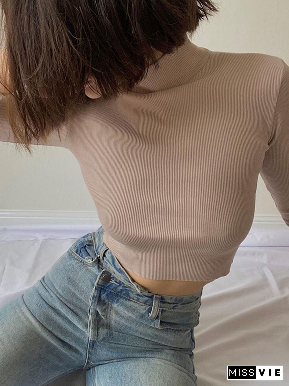 Solid Nude Turtleneck Cropped T Shirt Women Autumn Casual Long Sleeve T-shirt Ladies Skinny Basic Tee Shirt Femme