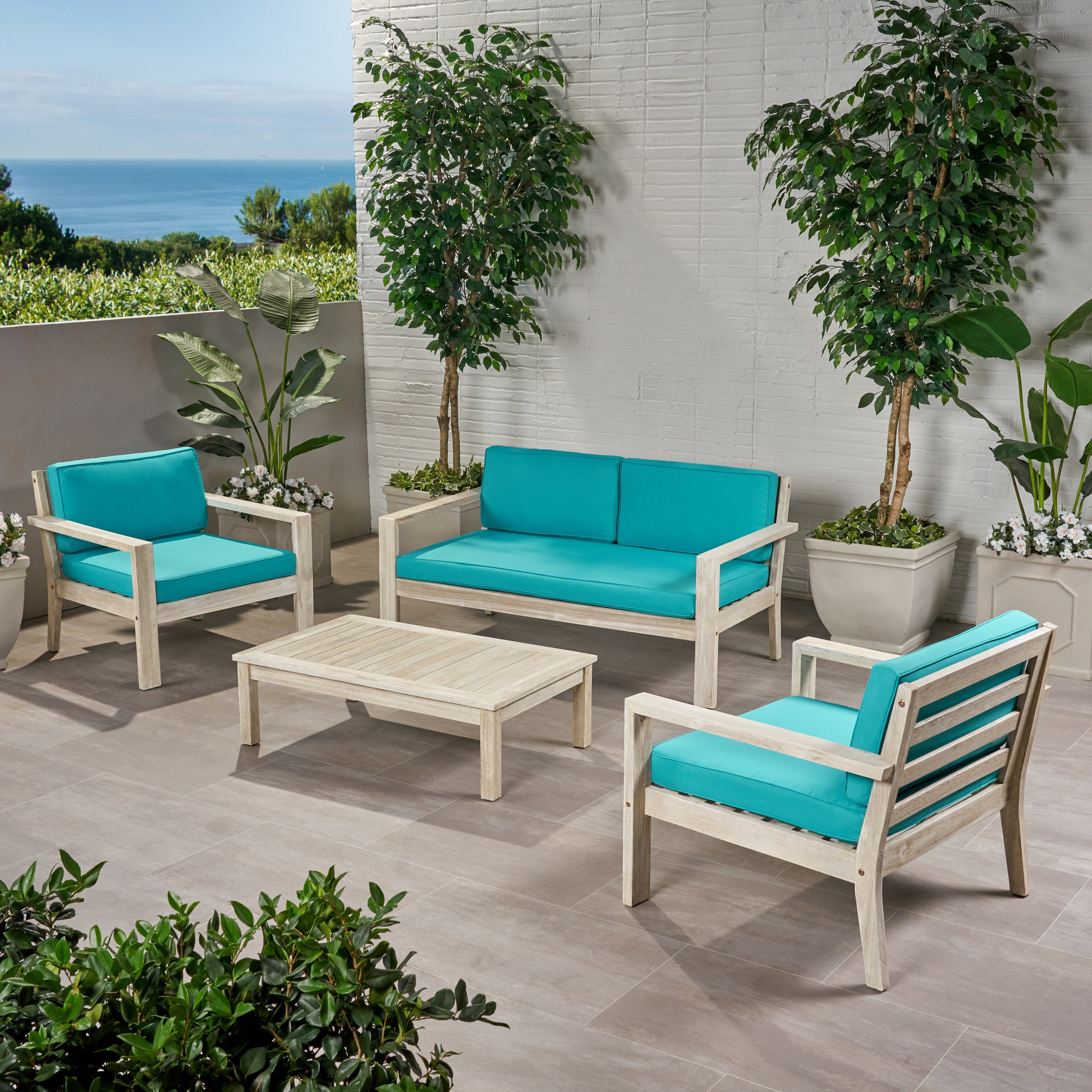 Dominic Outdoor 4 Seater Acacia Wood Chat Set with Cushions