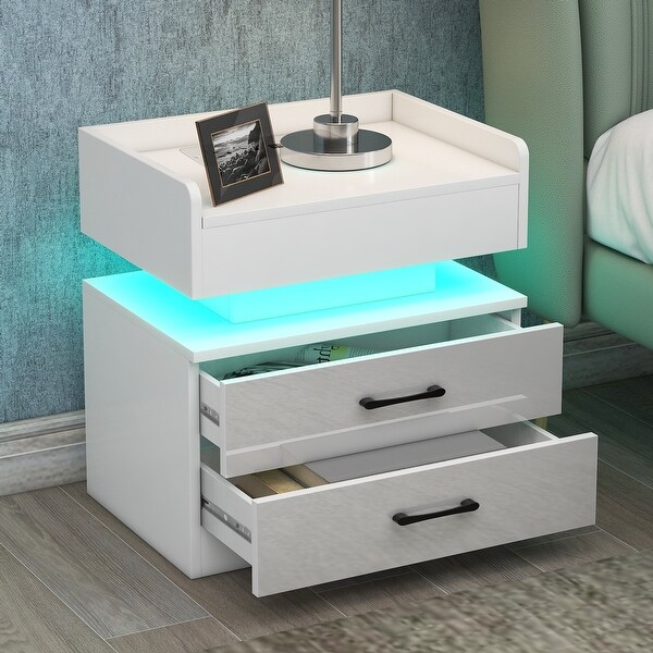 Nightstand with 2 Drawers and Remote Control LED Light - - 36528925