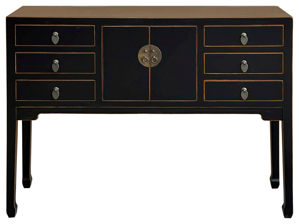 Oriental Black Lacquer Tall Moon Face 6 Drawers Slim Foyer Table Hcs7567   Asian   Console Tables   by Golden Lotus Antiques  Houzz