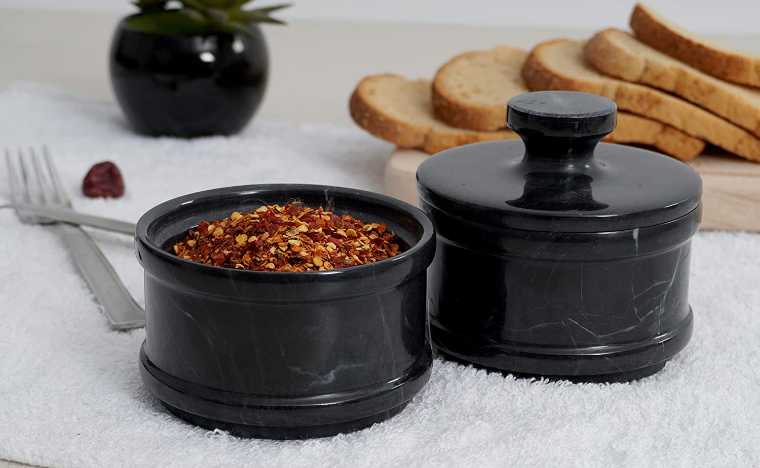 Radicaln Handmade Marble Black 5” Dual Salt Cellar With Lid – 2” Each Salt and Pepper Bowls Kitchen Container Storage Set – Ideal for Jewelry， Butter Keeper， Sugar and kitchen Décor