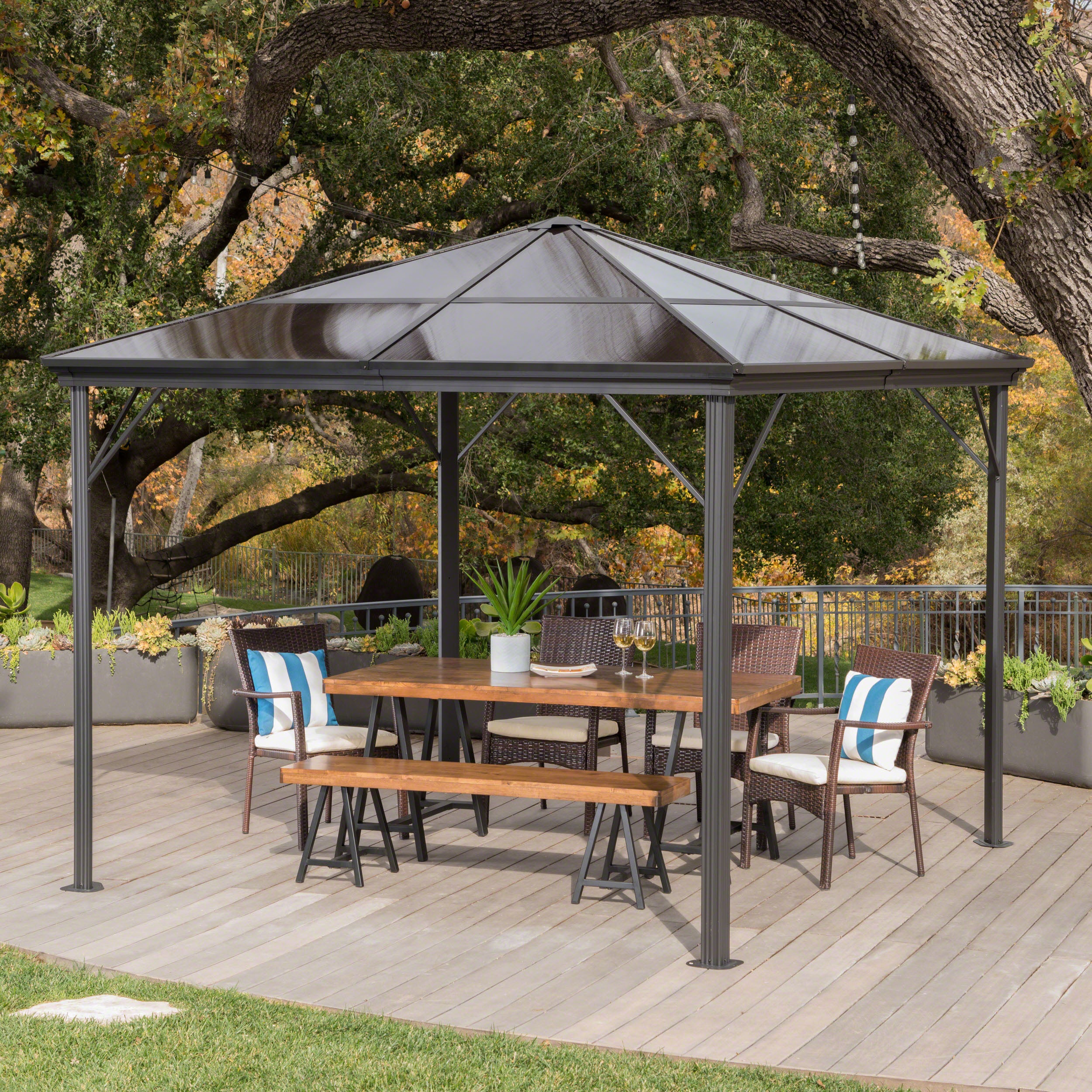 Halley Outdoor 10 x 10 Foot Black Rust Proof Aluminum Framed Hardtop Gazebo (No Curtains)