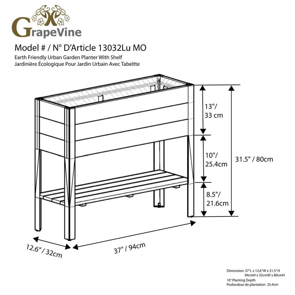 Grapevine 37 in. x 13 in. Urban Garden Raised Planter Box， Recycled Wood and Metal， Rectangular with Shelf 13032Lu MO