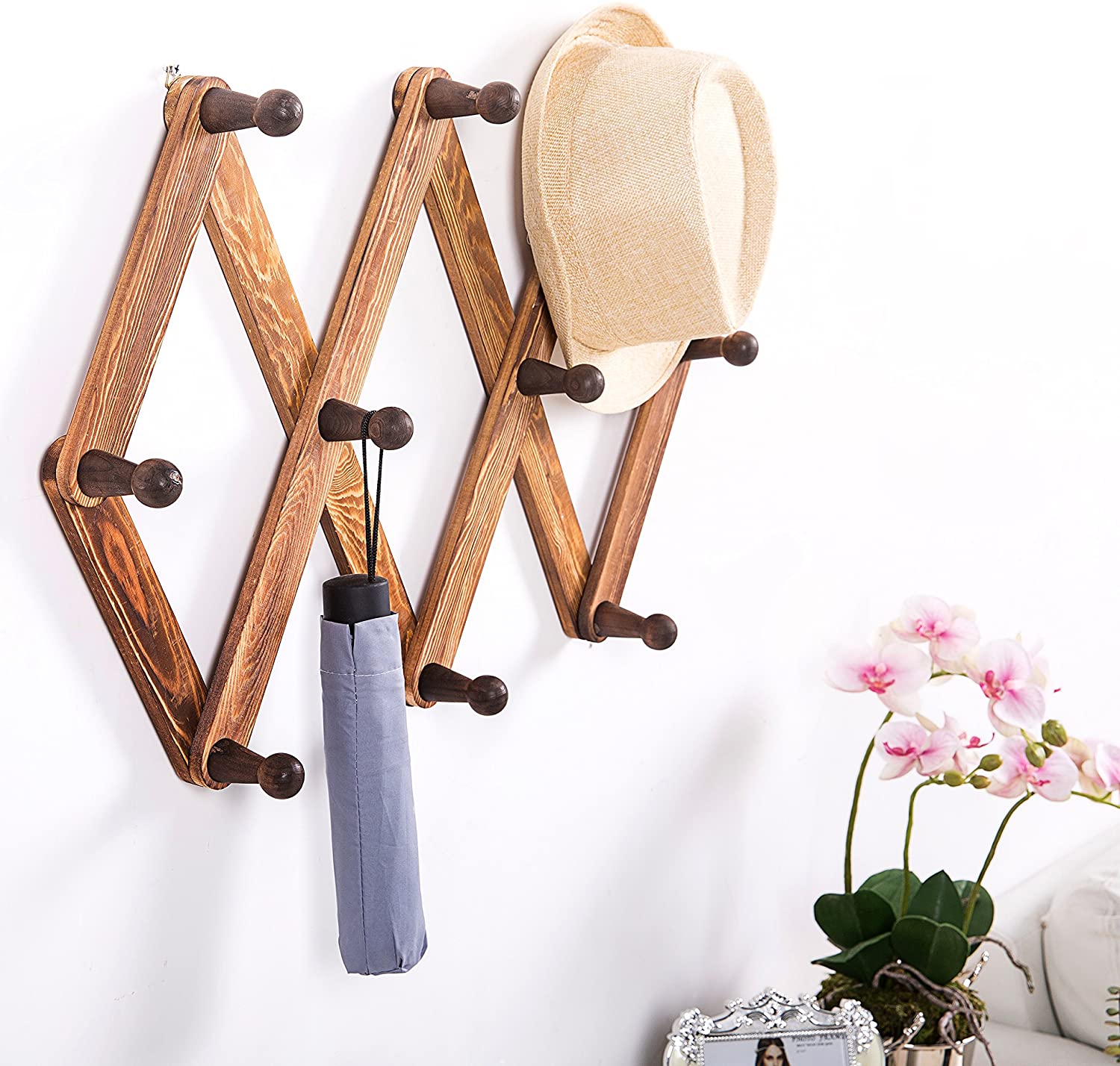 MyGift 10-Hook Rustic Wood Wall-Mounted Expandable Coat Rack， Brown