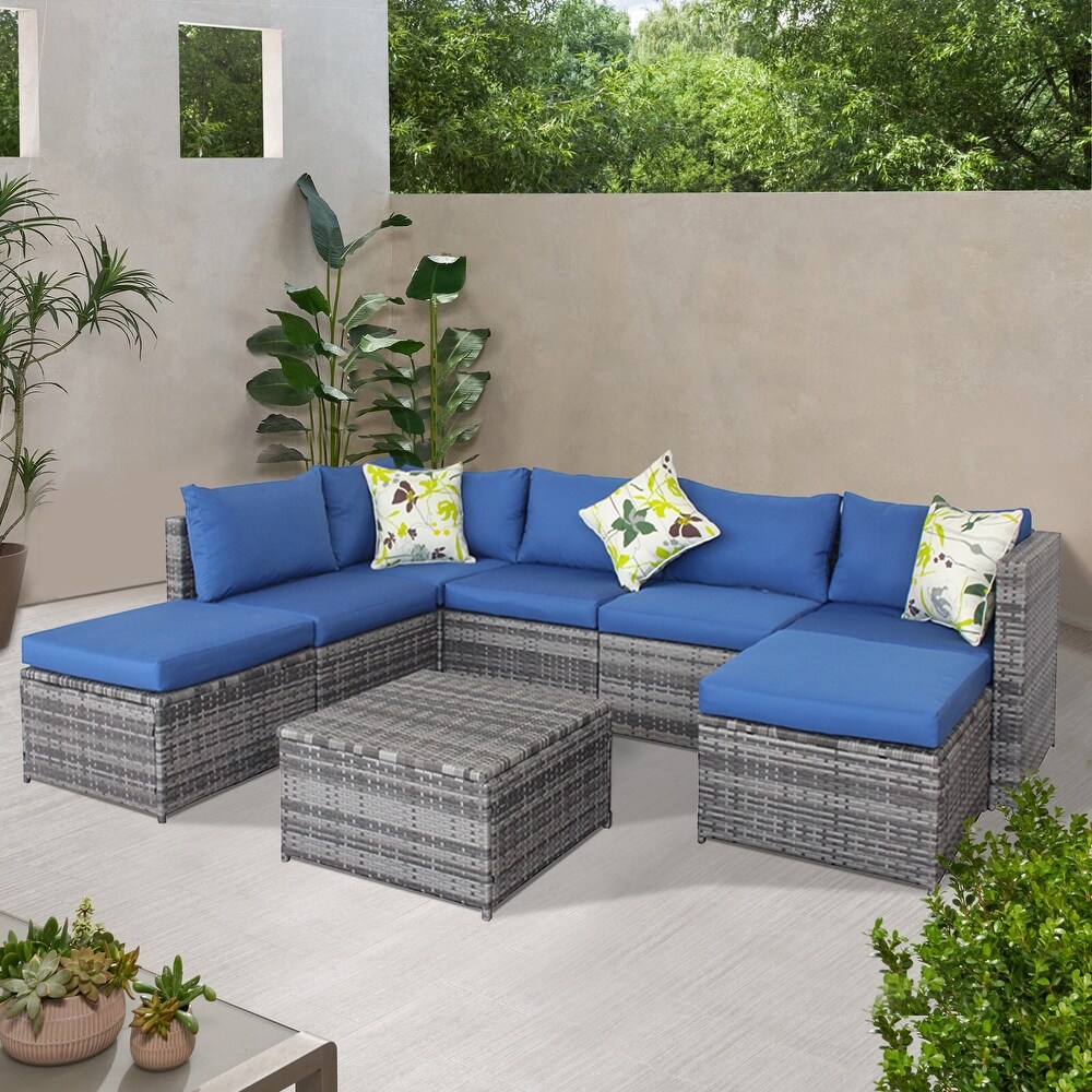 8 Pieces Patio Furniture Outdoor Sectional Wicker Rattan Sofa Set with Removable Cushion  Flip Top Storage Box and Ottoman