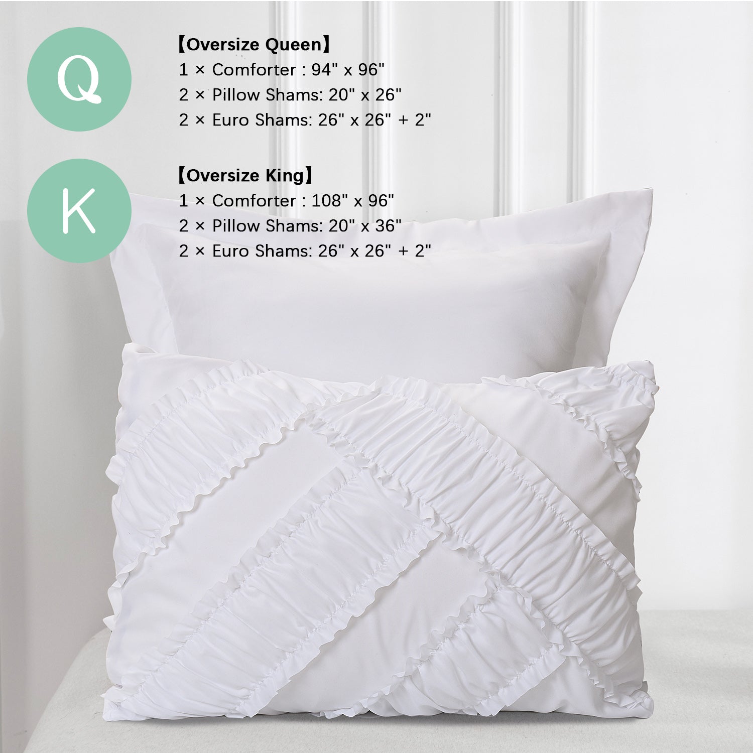 5 Piece Oversize Solid White Handmade Ruffle Comforter Set