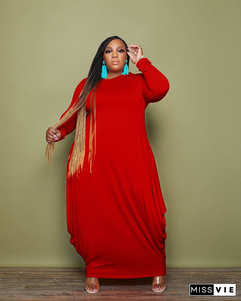 Solid Long Sleeve Irregular Plus Size Maxi Dress