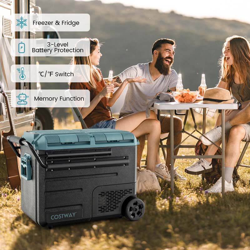 51-Quart Dual-zone Car Refrigerator with Wheels, 12V/24V DC & 100-240V AC Portable Car Fridge Cooler Freezer