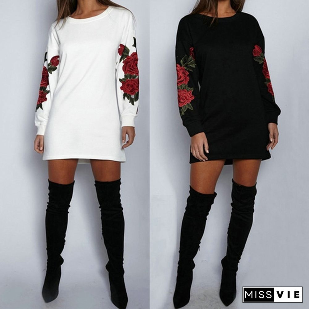 Women's Fashion Embroidery Long Sleeve Sweater Dress S-5XL