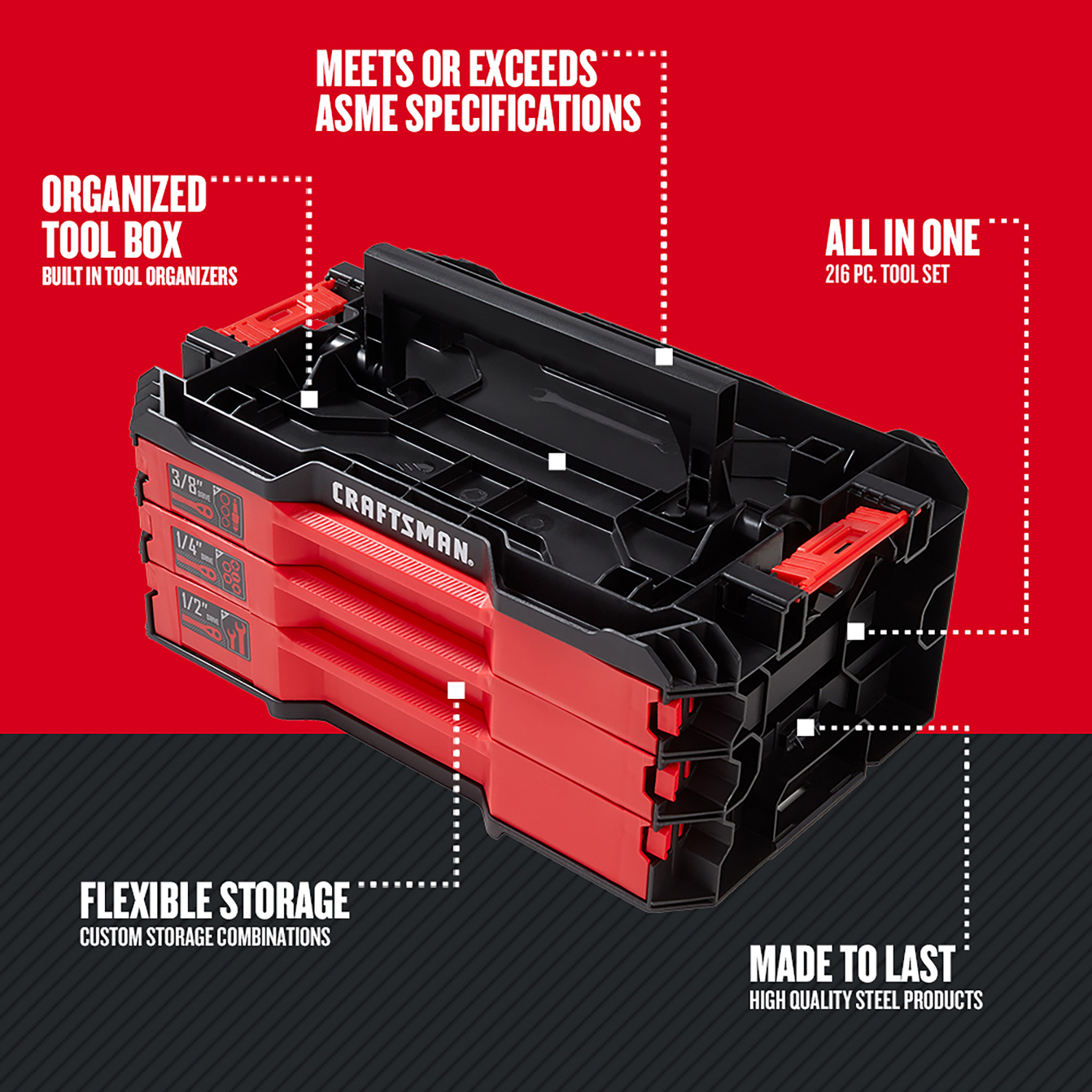 Craftsman VersaStack 1/4， 3/8 and 1/2 in. drive Metric and SAE 6 Point Mechanic\u0027s Tool Set 216 pc