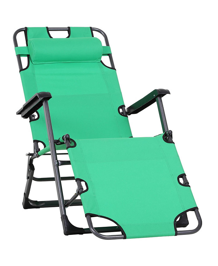Outsunny 2-in-1 Folding Patio Lounge Chair w  Pillow Outdoor Portable Sun Lounger Reclining to 120anddeg; 180anddeg; Oxford Fabric Green
