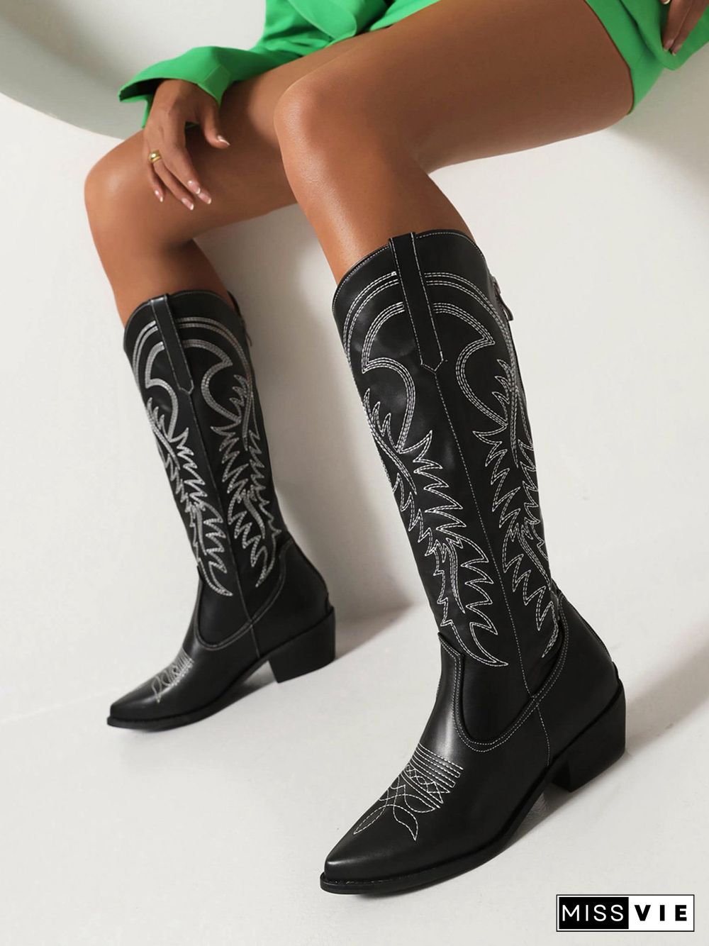 Embroidered Panel Plush Warm Pointed-Toe Cowboy Boots