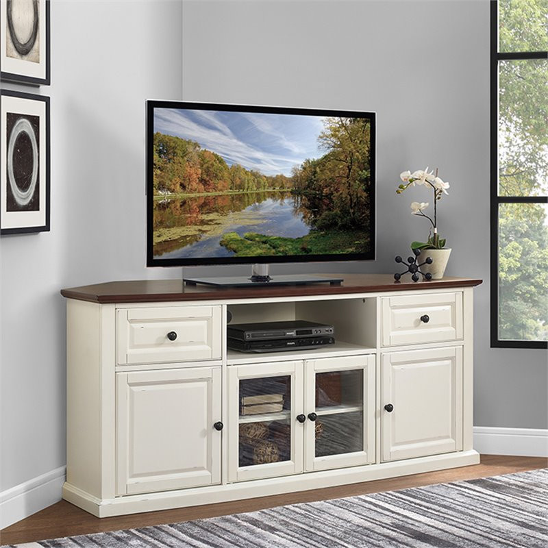 Pemberly Row Transitional Wood Corner TV Stand for TVs up to 60 quotin White   Farmhouse   Entertainment Centers And Tv Stands   by Homesquare  Houzz