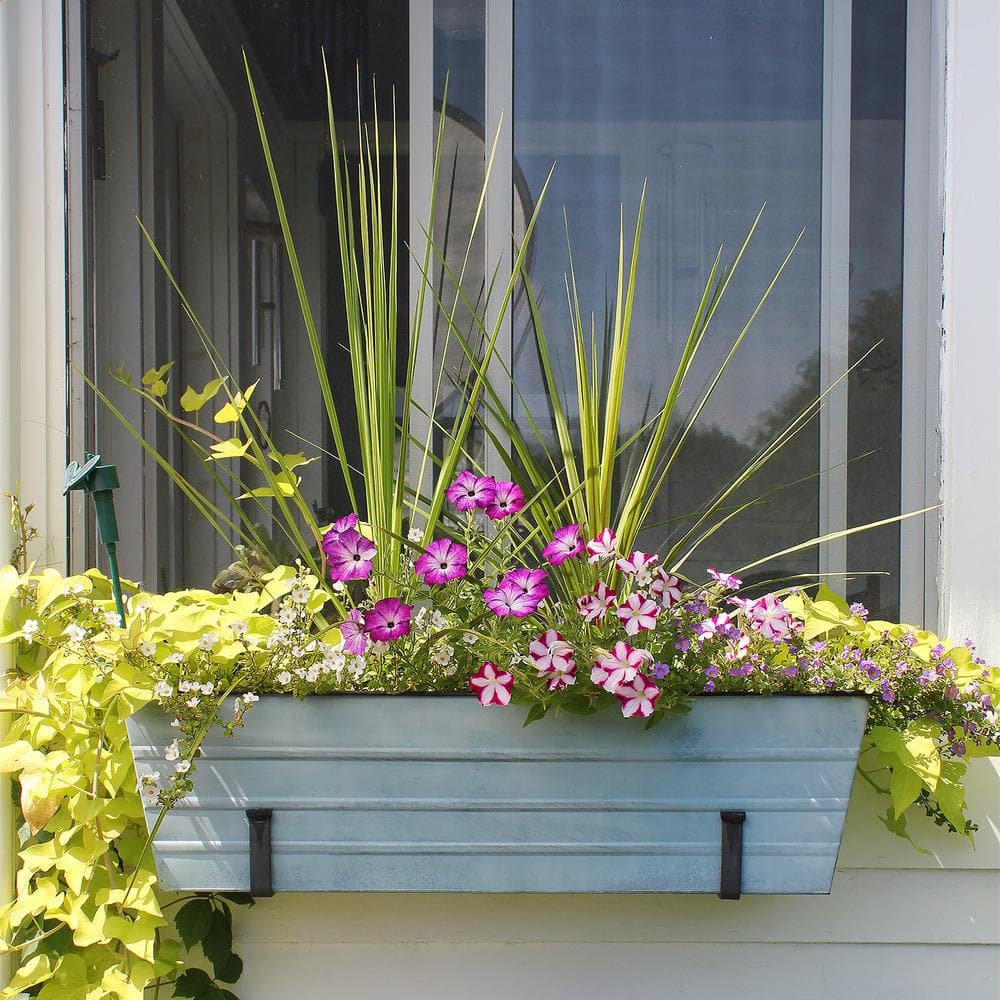 ACHLA DESIGNS 35.25 in. W Nantucket Blue Large Galvanized Steel Flower Box Planter With Wall Brackets C-21NB-WM