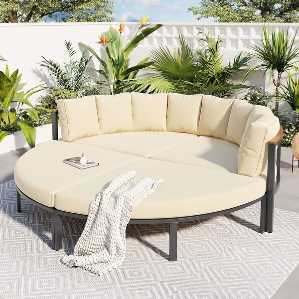 Roomfitters 4 Piece Round Outdoor Conversation Set，AllWeather Metal Sectional Sofa with Cushions，Ideal for Patio and Backyard