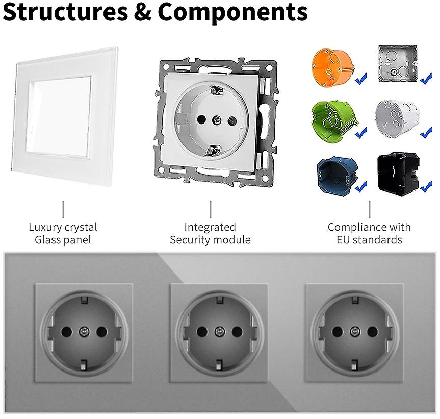 Wall Power Triple Socket Electrical Outlet Glass Frame Eu Socket German Flush-mounted 3 In 1 Sockets Set White，black，grey
