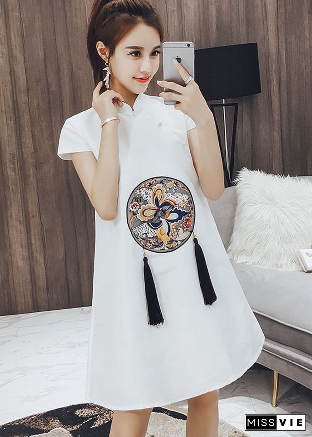 Beautiful White Stand Collar Print Tassel Button Cotton Mid Dresses Short Sleeve