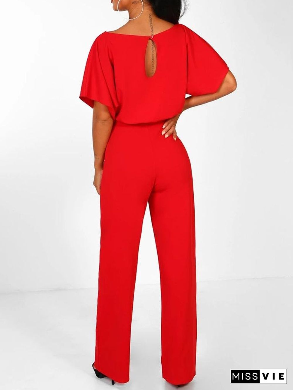 Solid Lace-up Short-sleeved Women's Jumpsuit