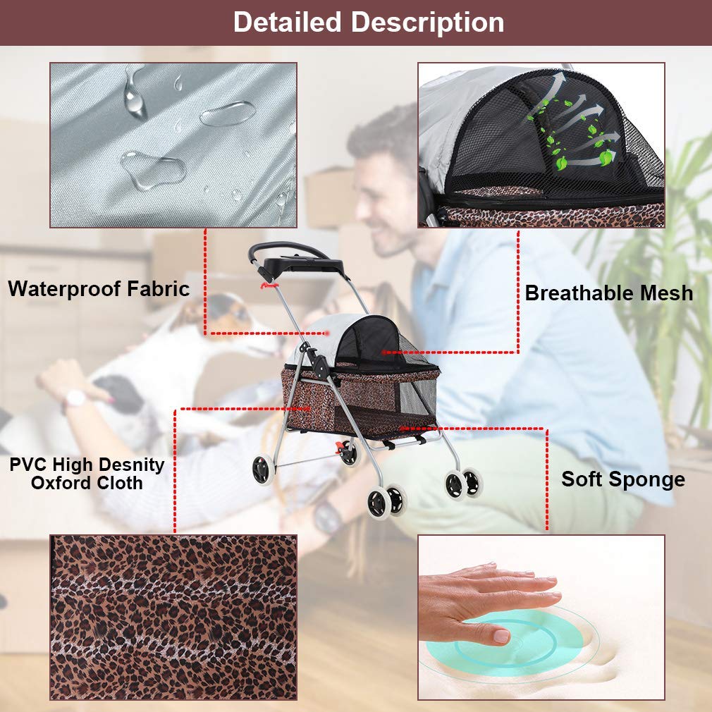 Furinno Peli Foldable Pet Stroller for Medium Size Dogs Cats with Rain Cover， Leopard Skin