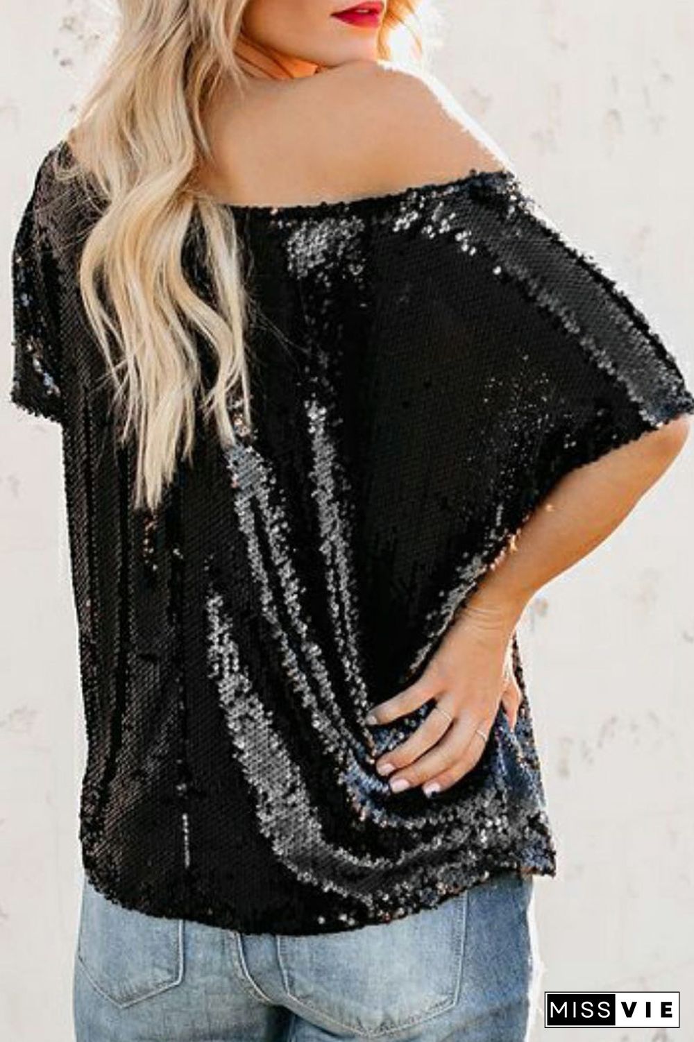 Sequined Skew Neck Short Sleeve T-Shirt