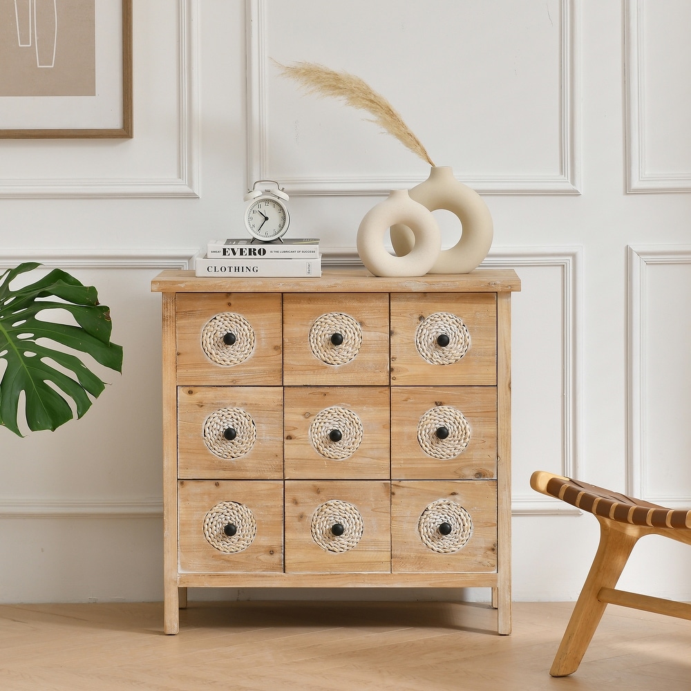 Rattan Retro Wooden Accent Storage Cabinet