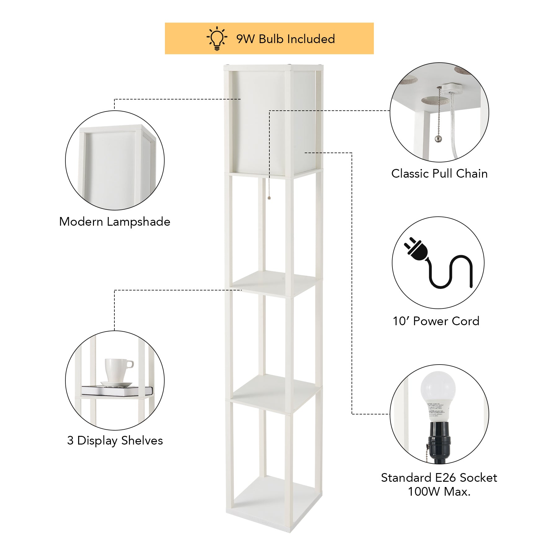 Wooden Floor Lamp with White Linen Shade Floor Lamp (White) 9.50W LED Bulb