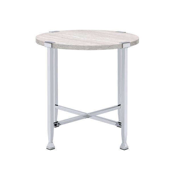 End Table with X Shaped Metal Base and Round Wooden Top，Silver and Beige