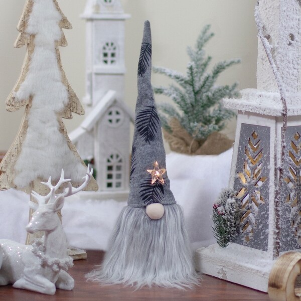 16 Gray and Black Lighted Star Gnome with Palm Leaves Christmas Decoration