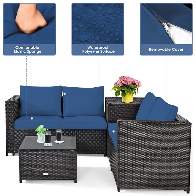 Costway 8pcs Outdoor Patio Rattan Furniture Set Cushioned Loveseat Storage Table Navy