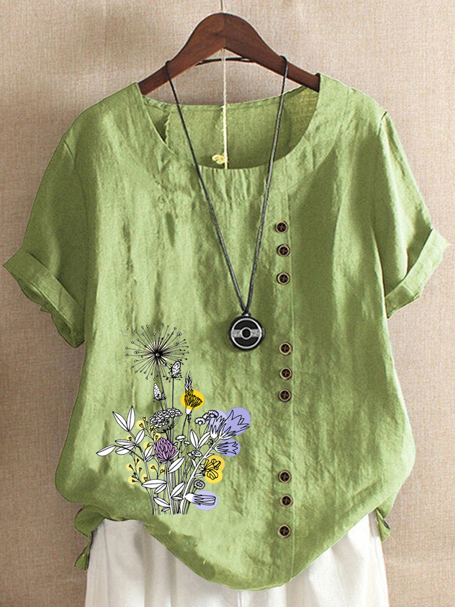 Casual Floral Print Crew Neck Short Sleeve Blouse