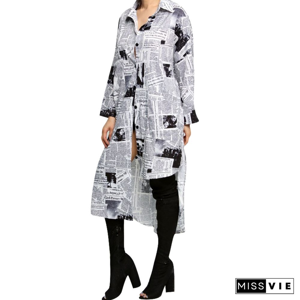 Asymmetric Newspaper Print Casual Shirt Dress