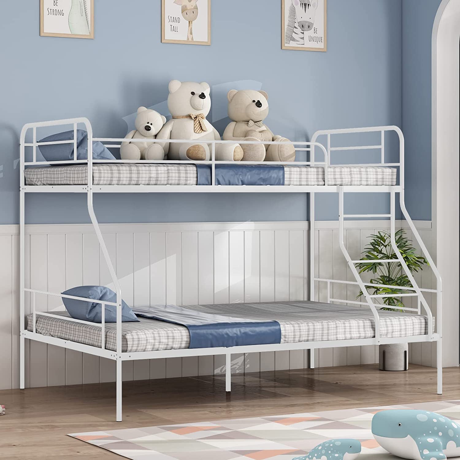 cuoote Twin Over Full Bunk Bed w/Ladder and Guardrail, Space-Saving Design, No Box Spring Needed, White